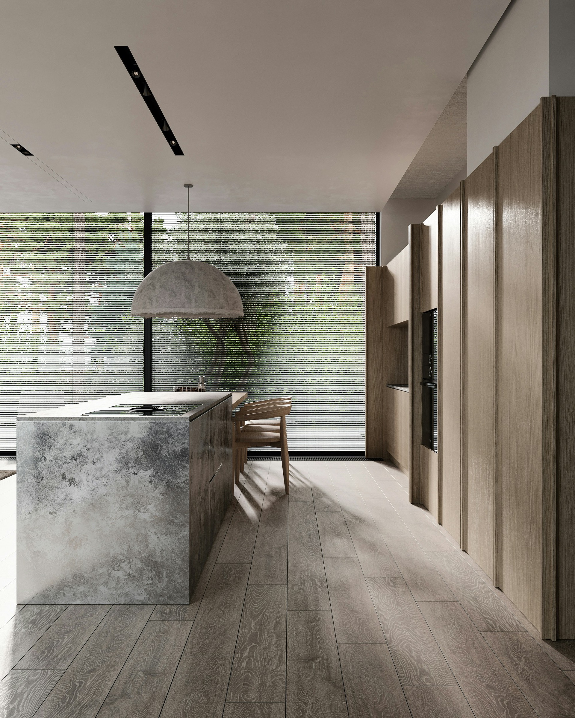 Modern kitchen with concrete island, wood cabinetry and large windows