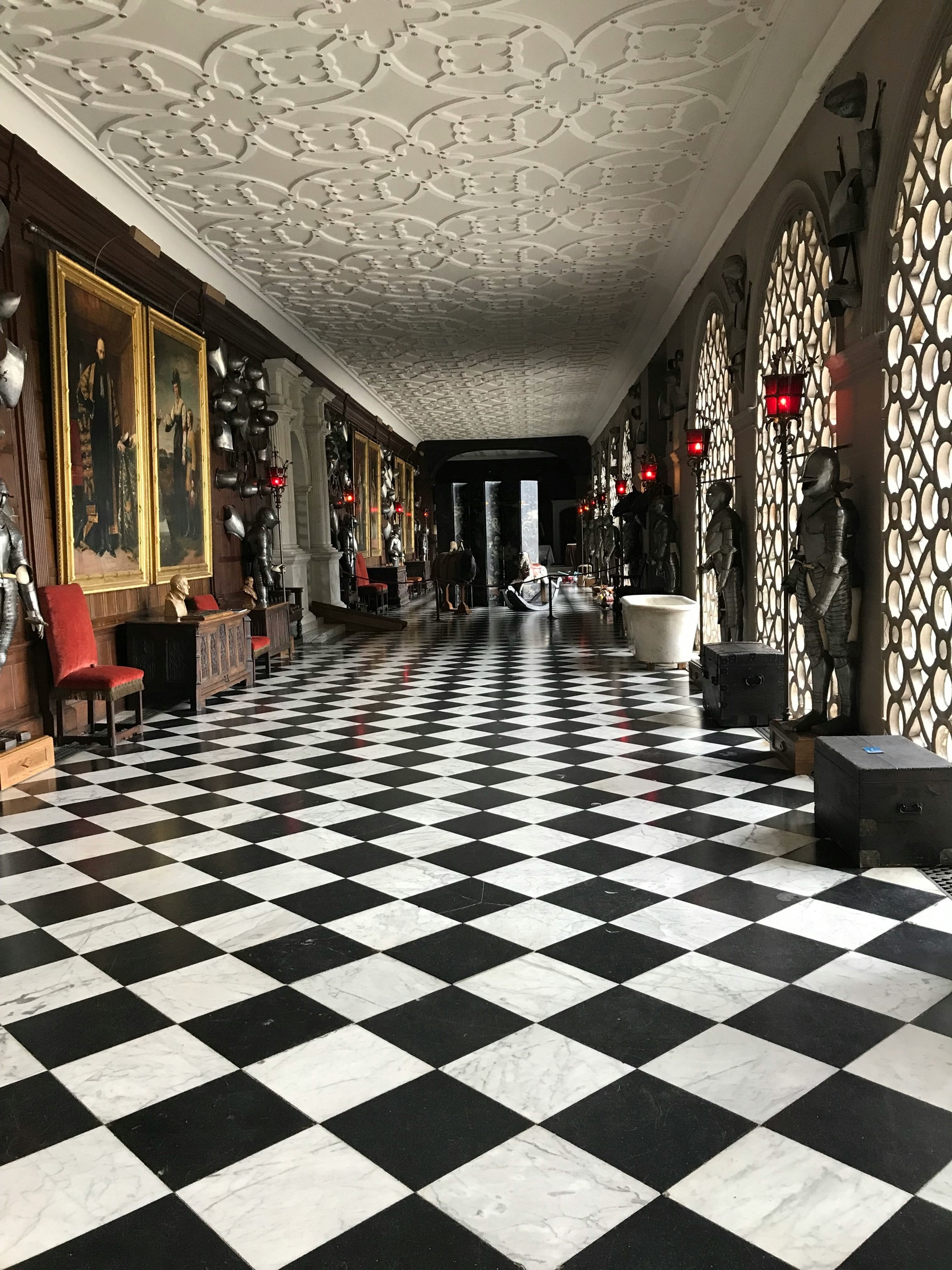 Architectural interior with black and white floor tiles and heritage detailing