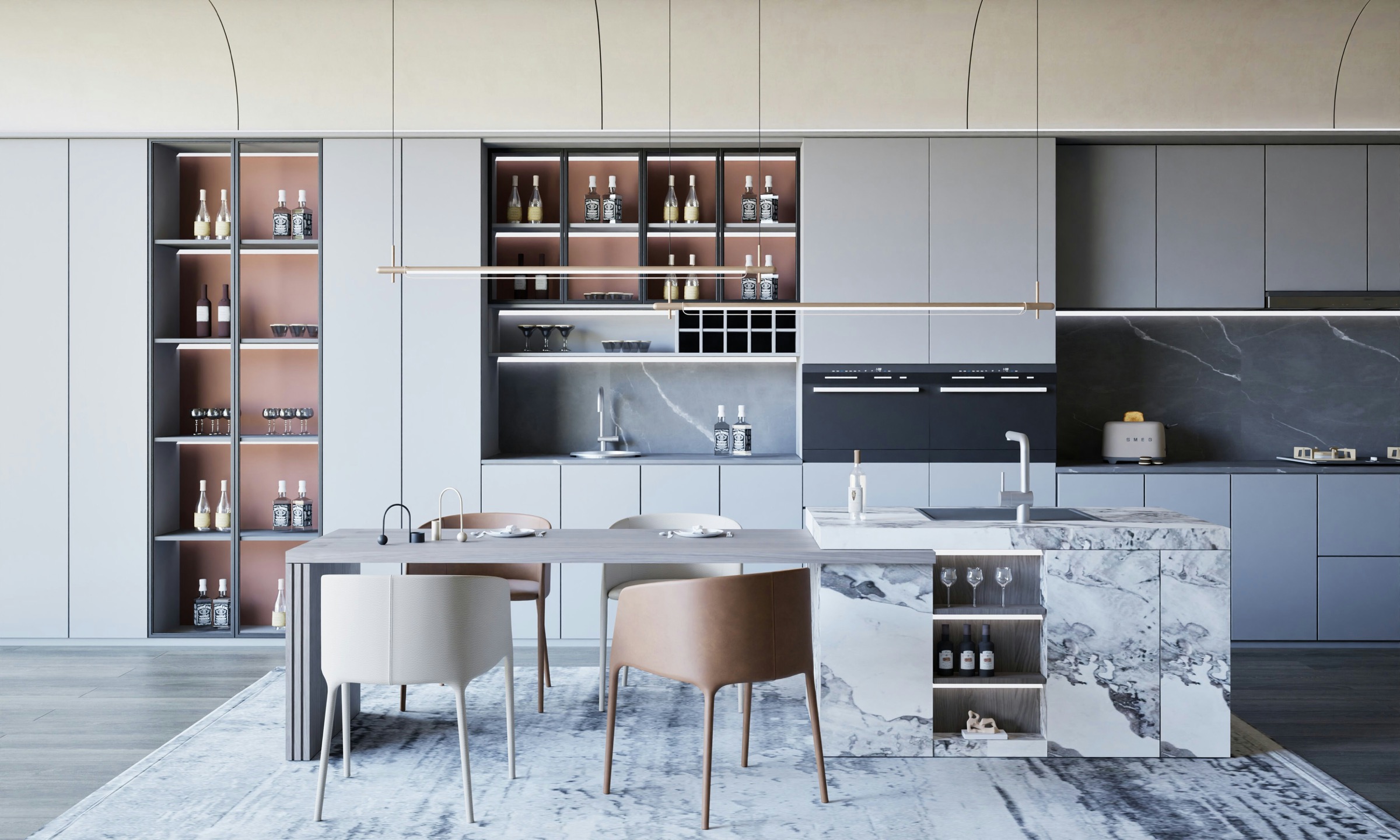 Modern kitchen with marble counters, soft cabinetry and island seating