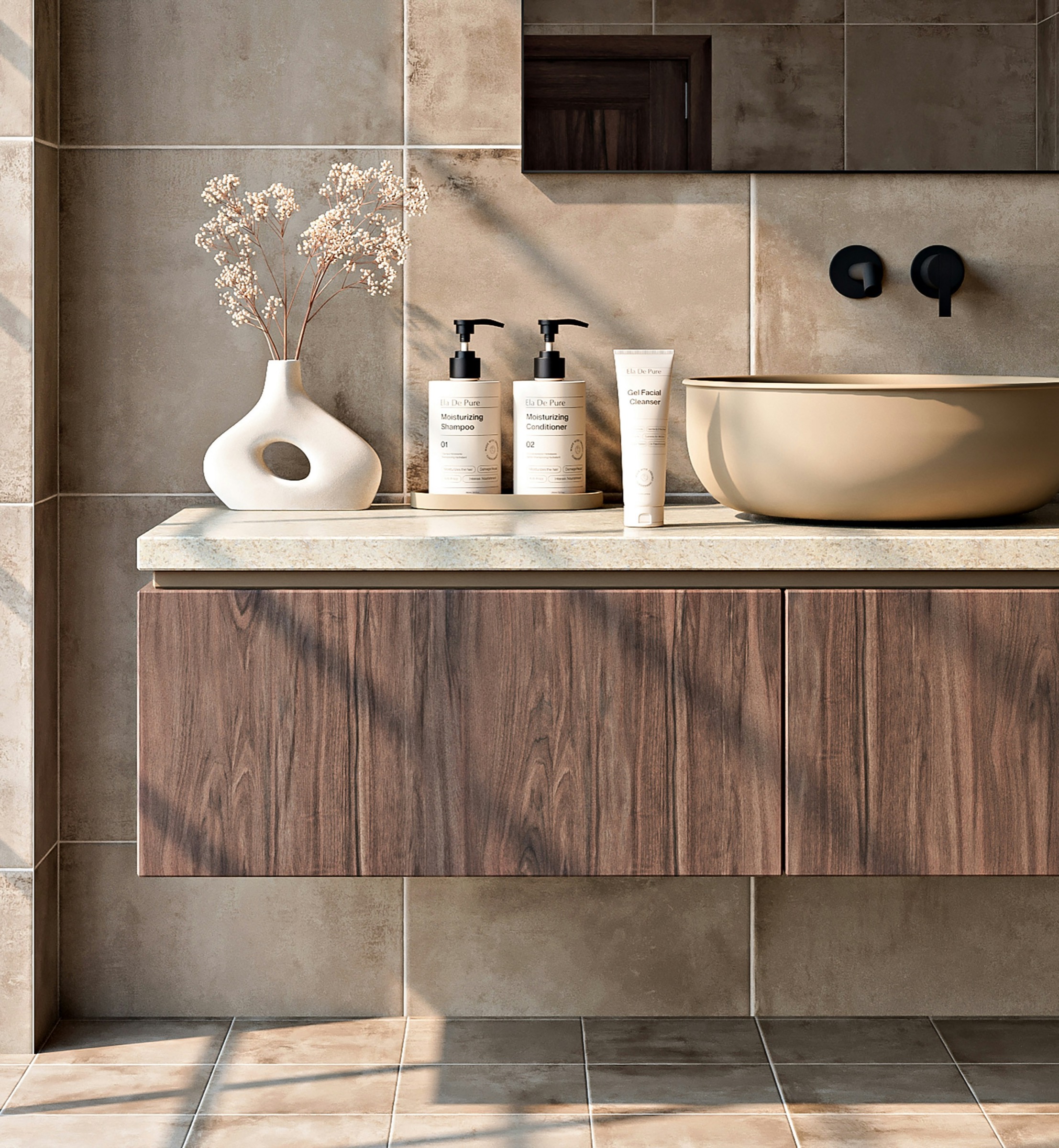 Warm bathroom vanity with basin, accessories and refined wall finish