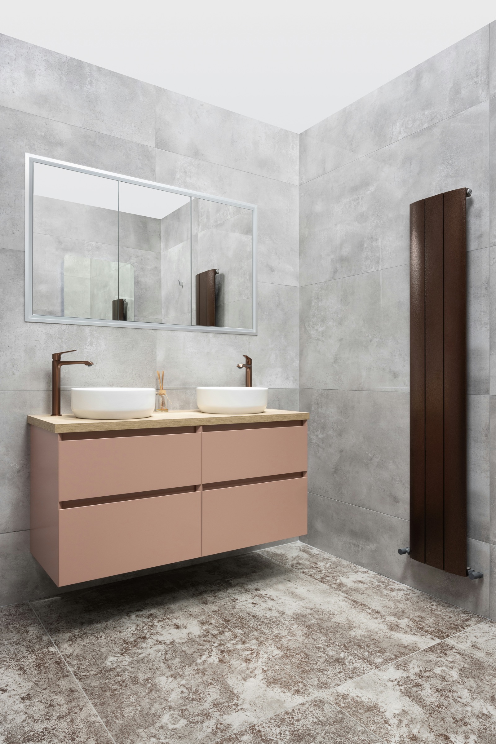 Double basin display with stone-look wall tiles and warm vanity